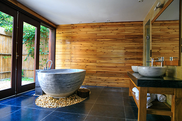 Timber wall panelling and Stone washing basins on a granite
                  countertop